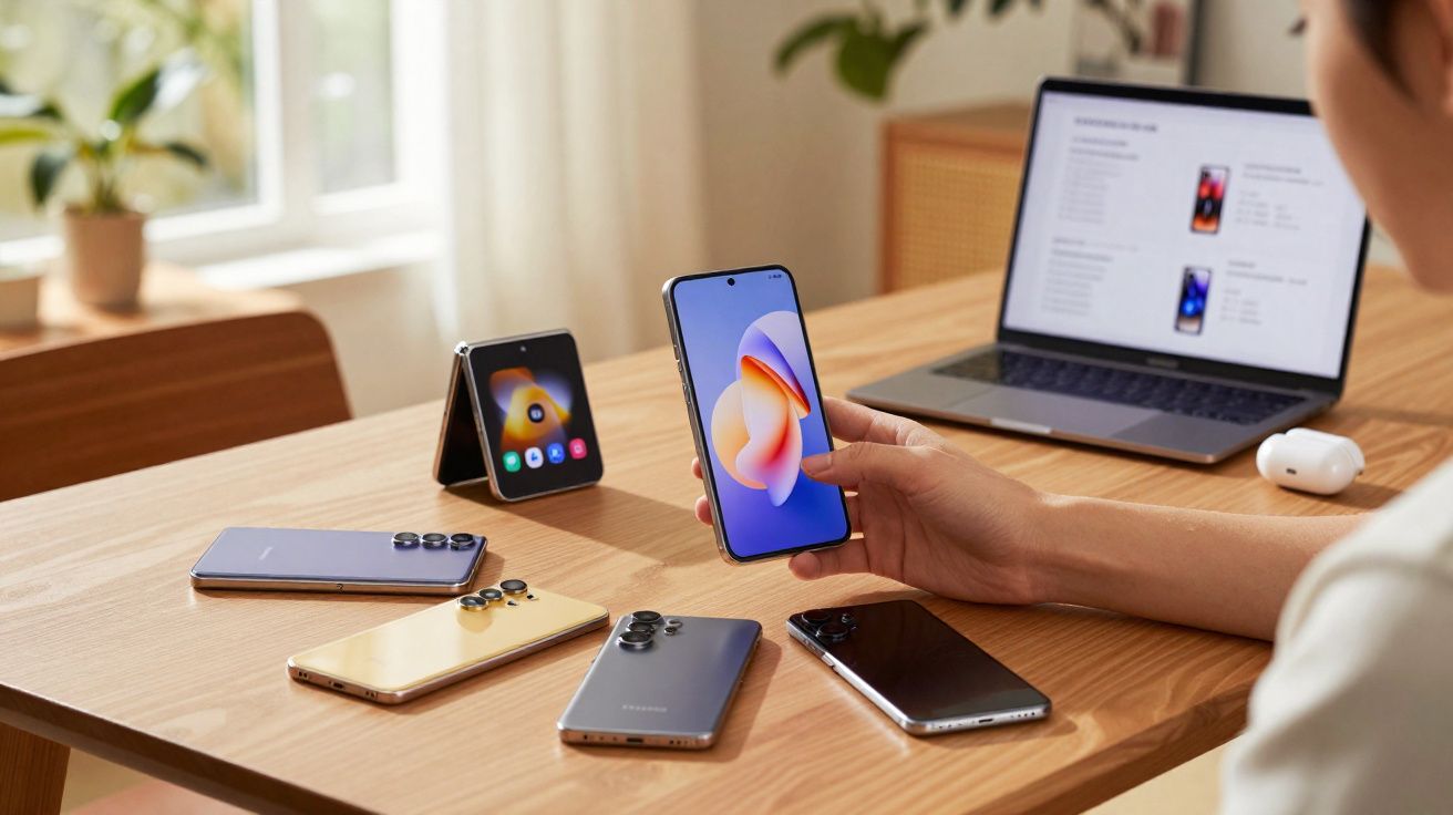 Pessoa a segurar um telemóvel Samsung rodeado por vários telemóveis, computador portátil e auriculares numa mesa de madeira.