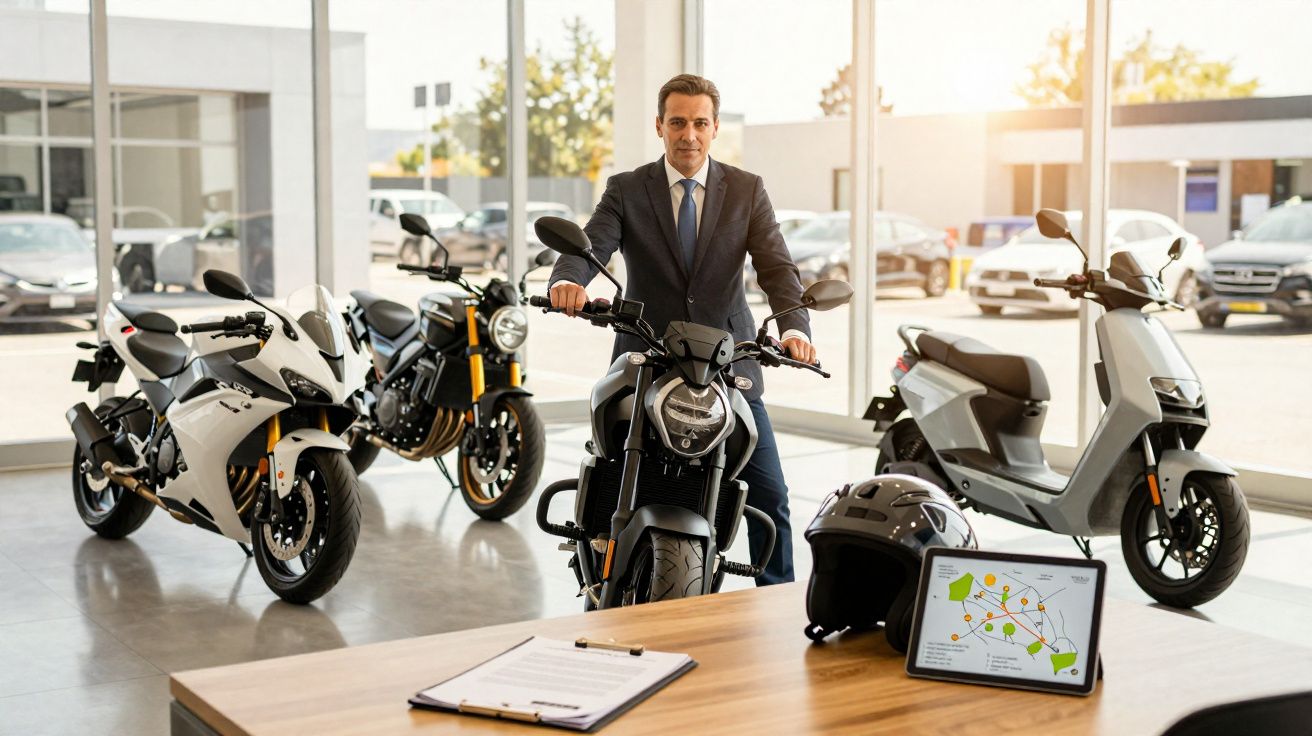Homem de fato dentro de loja de motos, posando com mota preta, com várias motos e tablet numa mesa à frente.