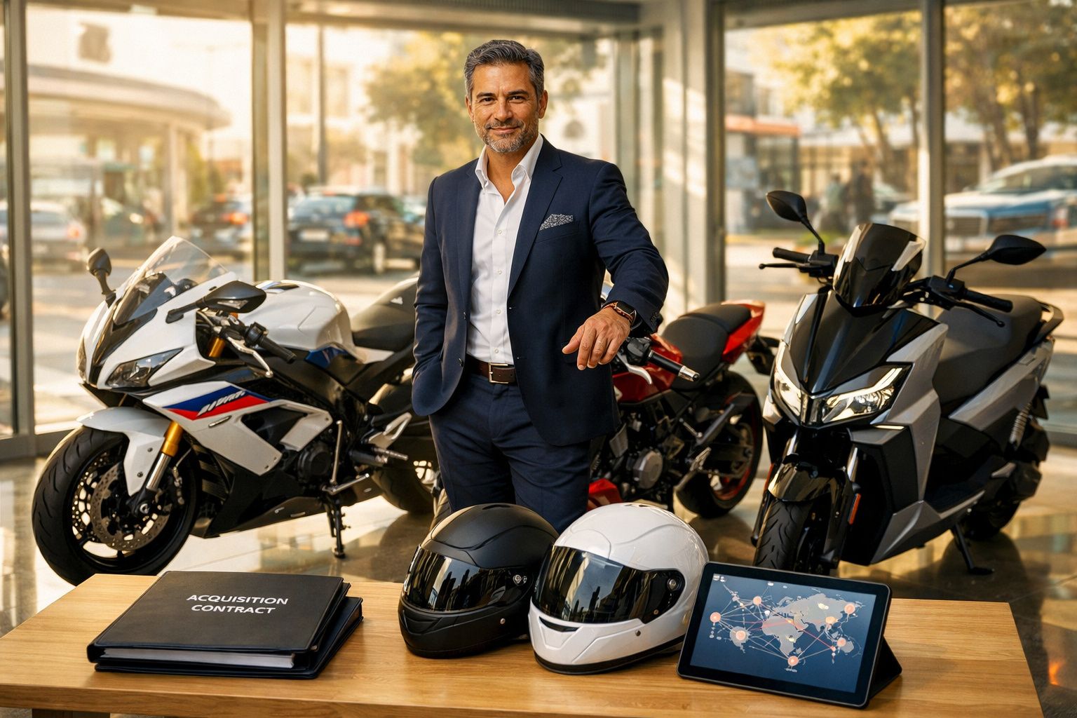 Homem de fato azul posando numa loja de motos com capacetes e contrato sobre a mesa iluminada.