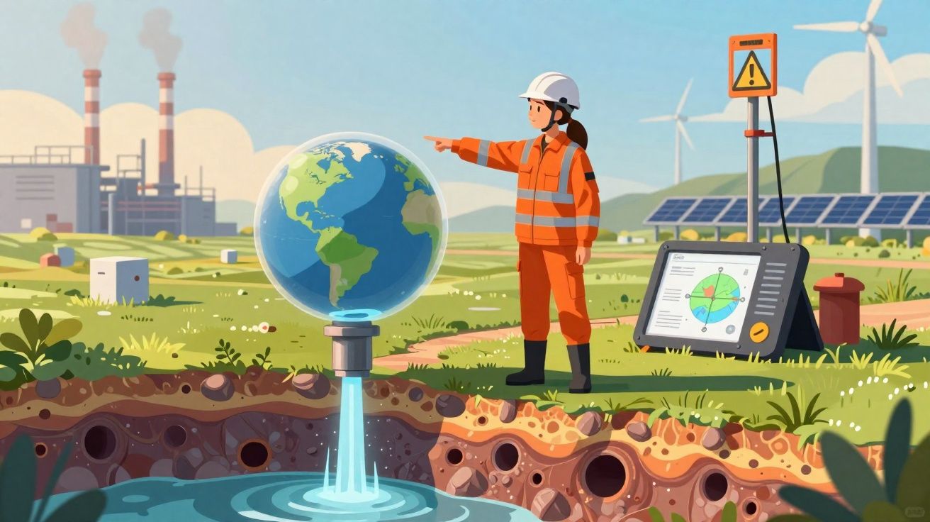 Profissional de segurança ambiental observa globo terrestre de água com usinas, painéis solares e turbinas eólicas ao fundo.