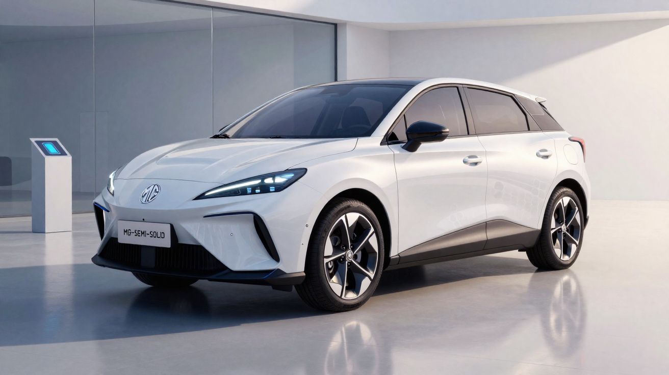 Carro elétrico branco MG estacionado numa garagem moderna com chão brilhante e luzes LED acesas.