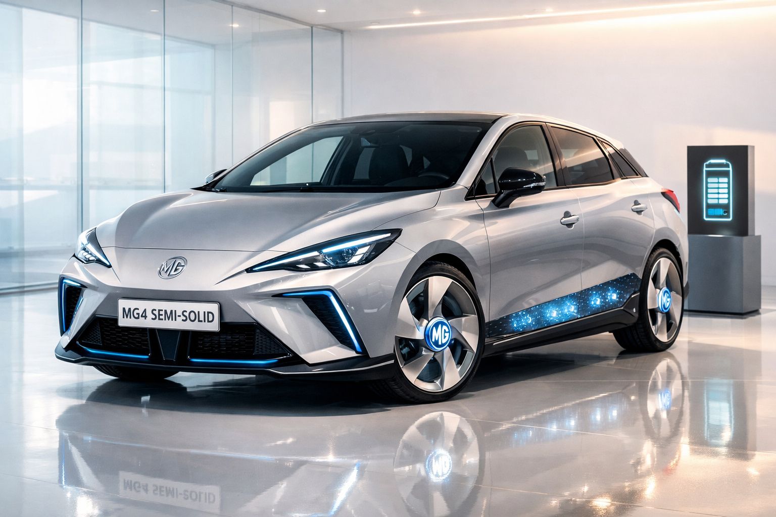 Carro elétrico prata MG4 Semi-Solid estacionado em interior moderno com ícone de bateria a carregar.