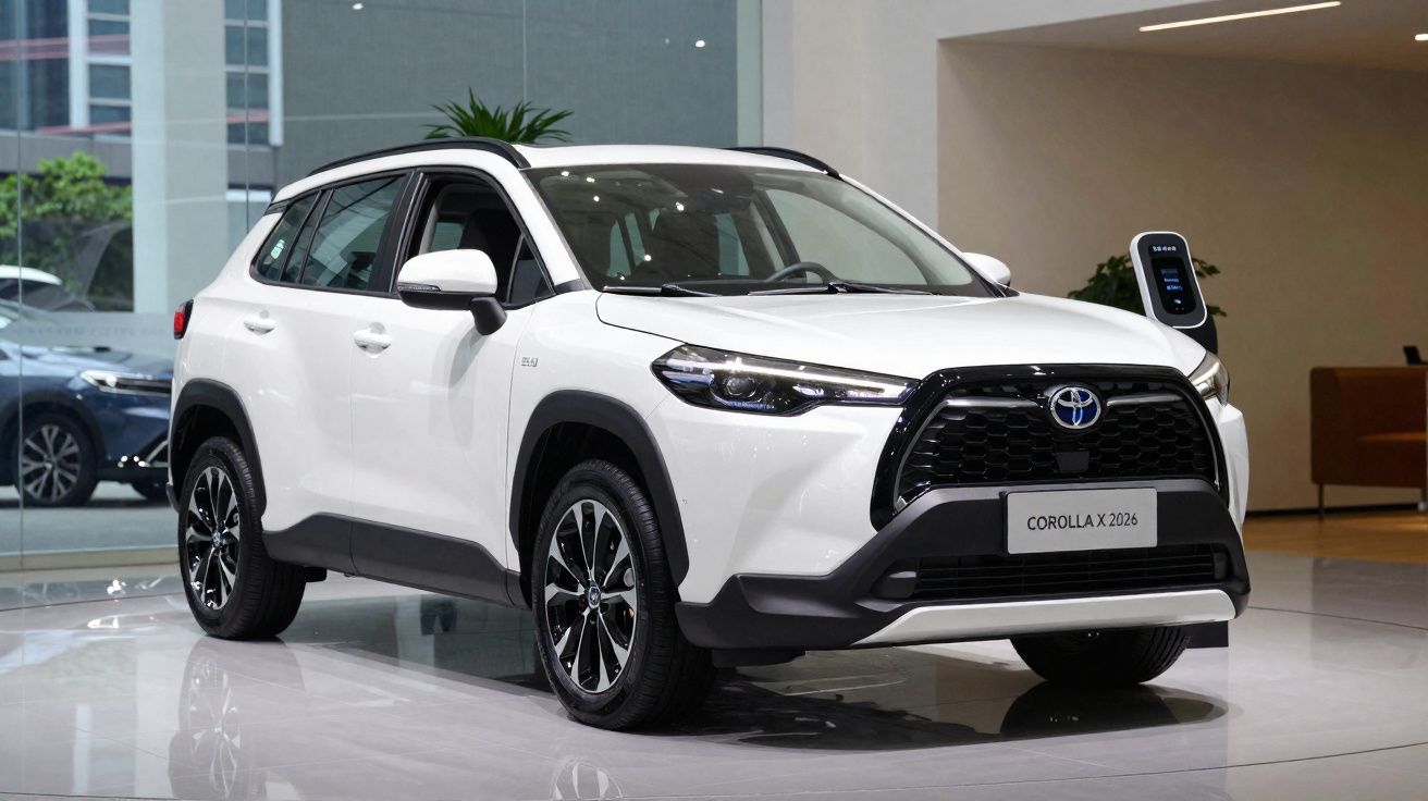 Carro SUV Toyota Corolla X 2026 branco em exposição num salão moderno iluminado.