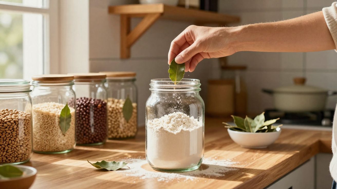 Mão a colocar folha de louro em frasco com farinha, com outros frascos de leguminosas na bancada da cozinha.