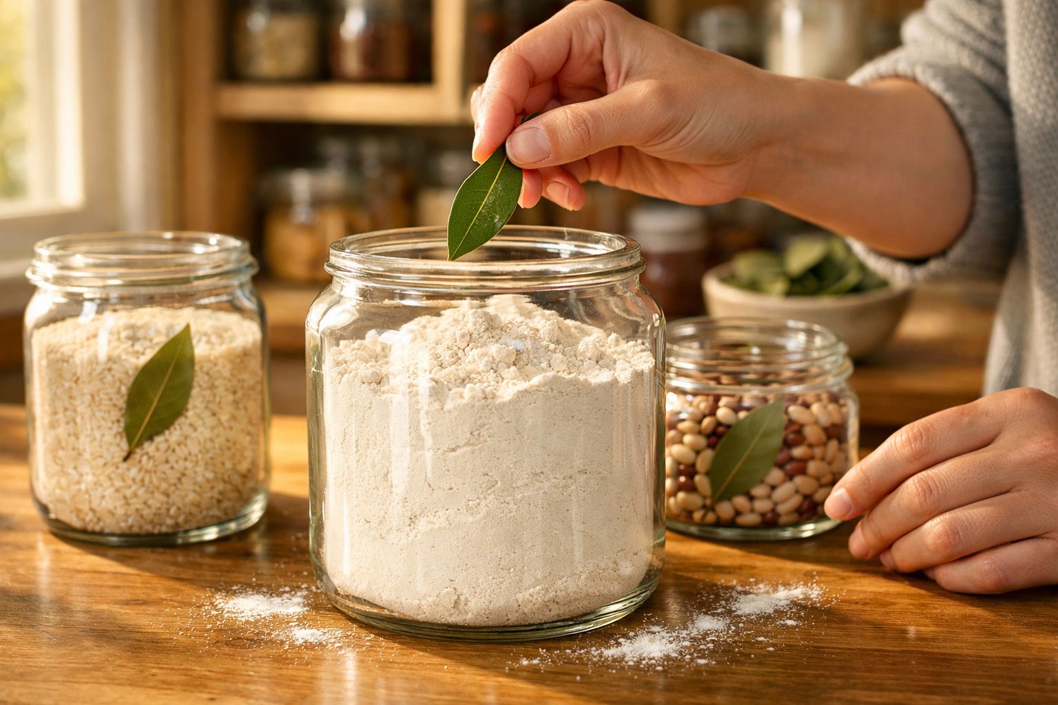 Mãos a colocar folha de louro num frasco de vidro com farinha, junto a outros frascos com legumes e grãos.