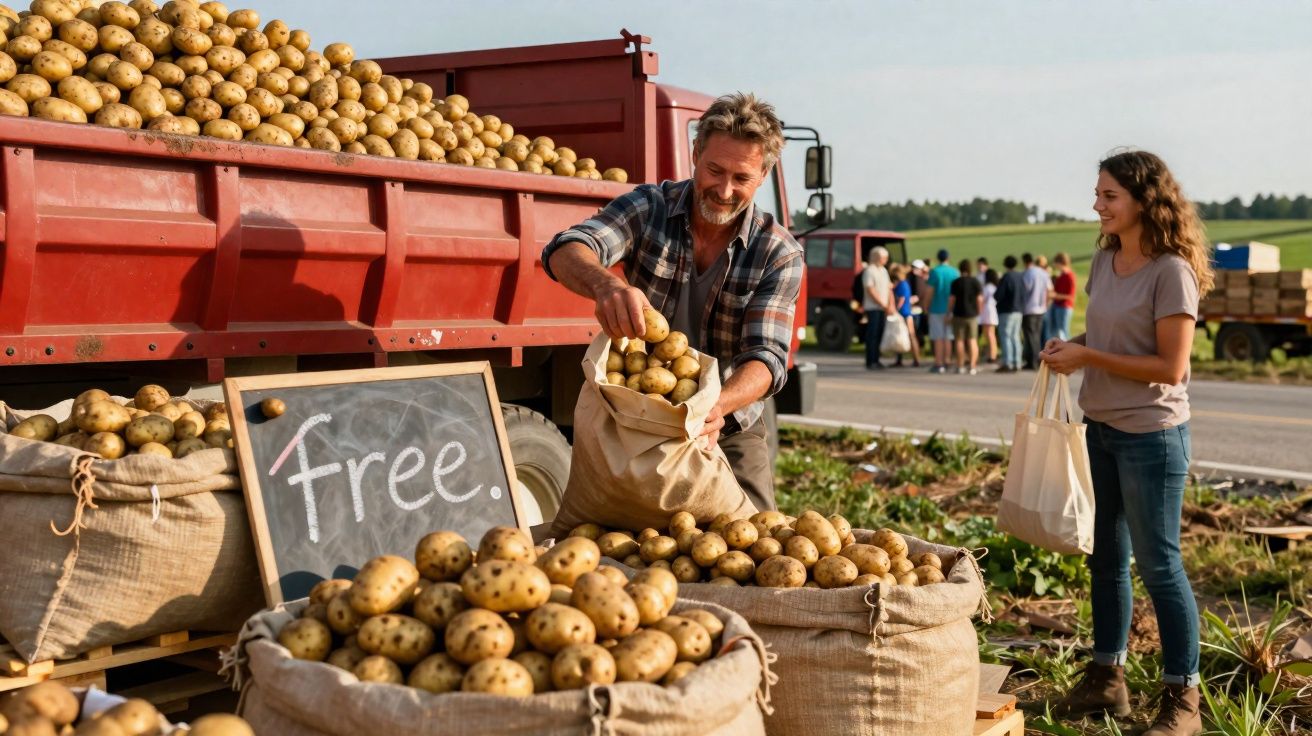 Homem distribui batatas grátis em saco de juta numa quinta, com mulher à espera numa tarde soalheira.