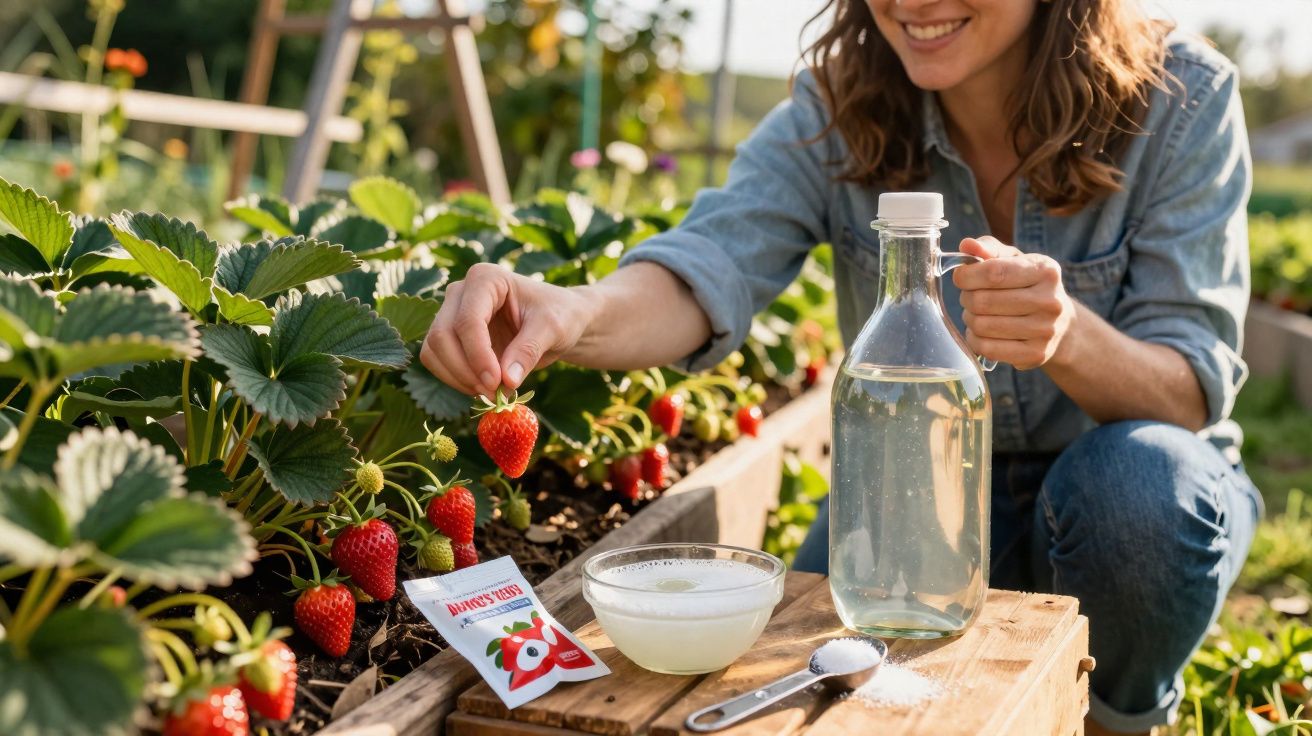 Mulher apanha morangos num jardim, com água, colher de sal e mistura para plantas lado a lado.