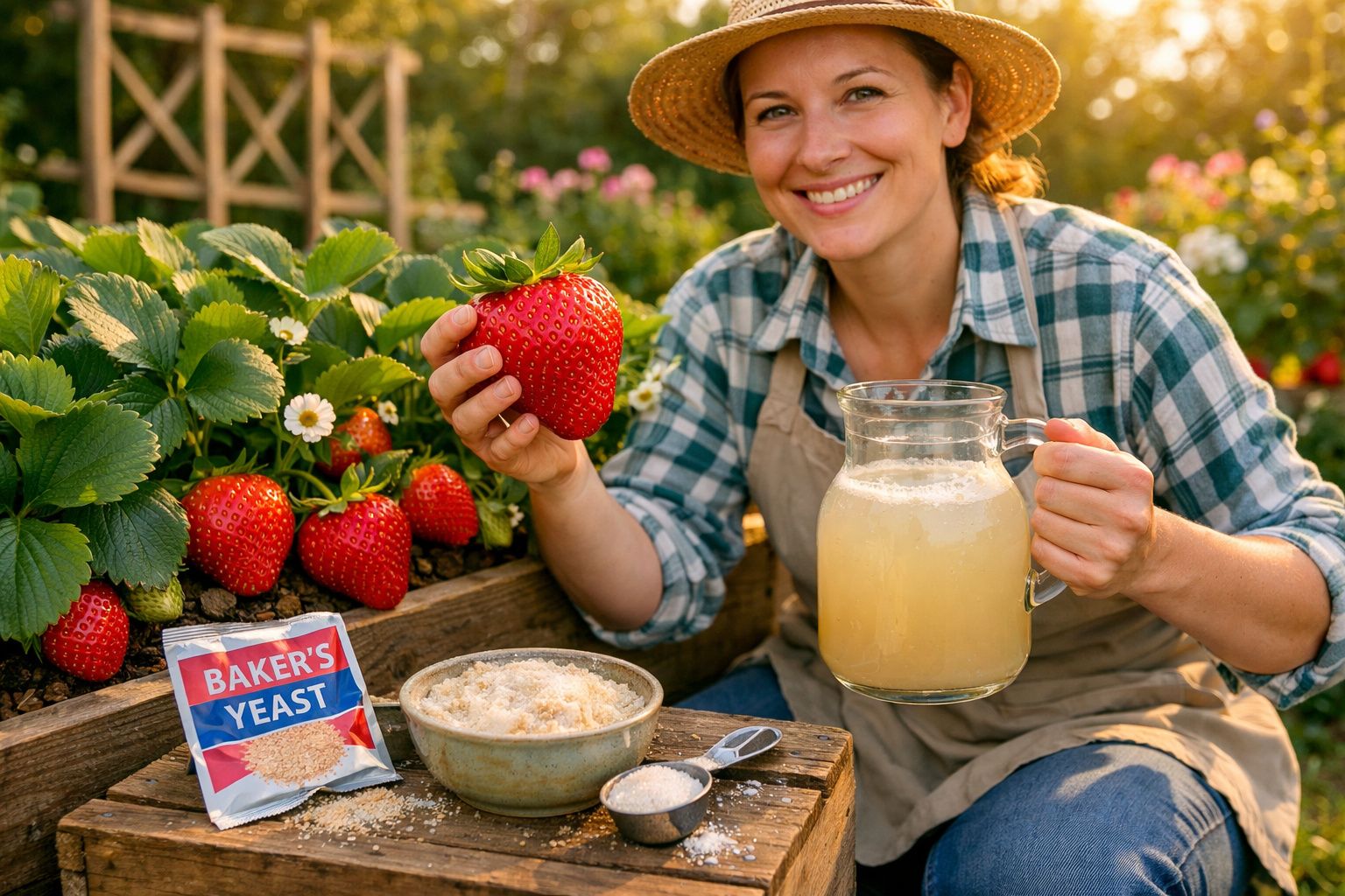 Mulher sorridente segura morango gigante e jarra de líquido, rodeada de morangos frescos e ingredientes para fermentação.