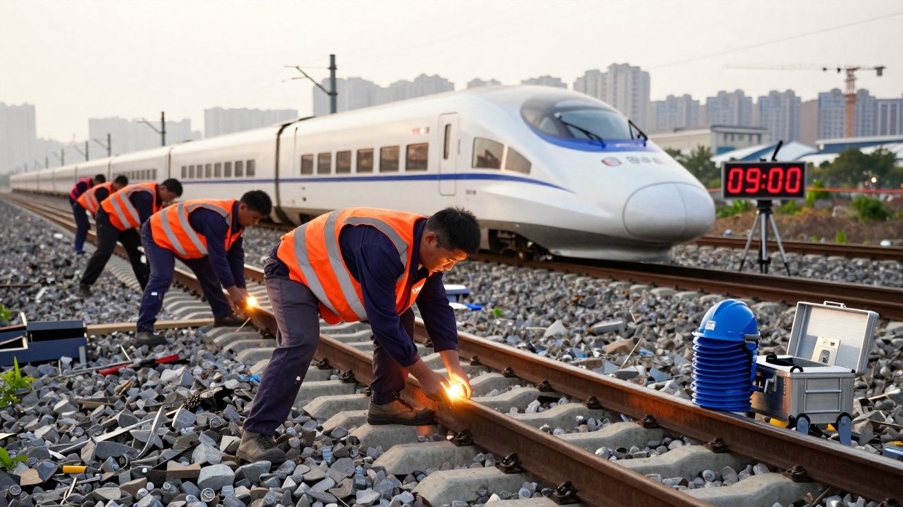 Trabalhadores em coletes laranja realizam manutenção em carris enquanto comboio de alta velocidade passa.