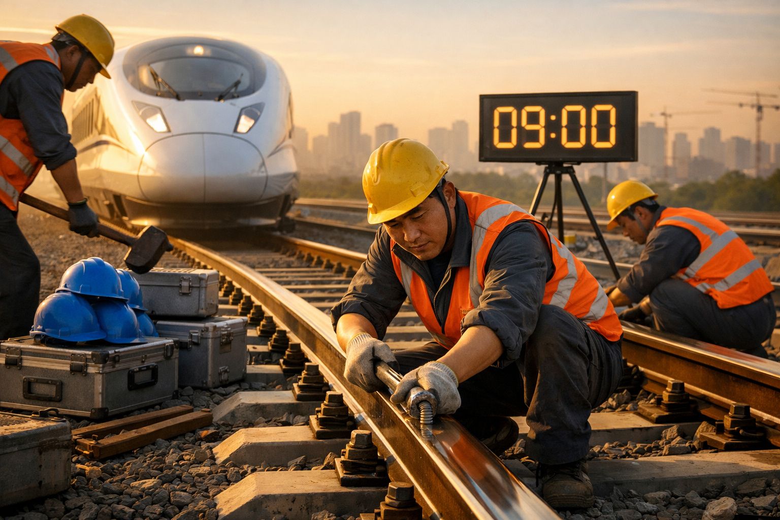 Trabalhadores a reparar via férrea com comboio de alta velocidade ao fundo e relógio digital a indicar 09:00.