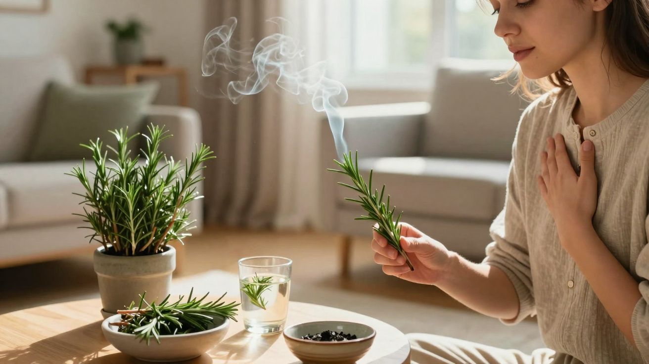 Mulher a queimar raminho de alecrim para aromaterapia numa sala iluminada e acolhedora.