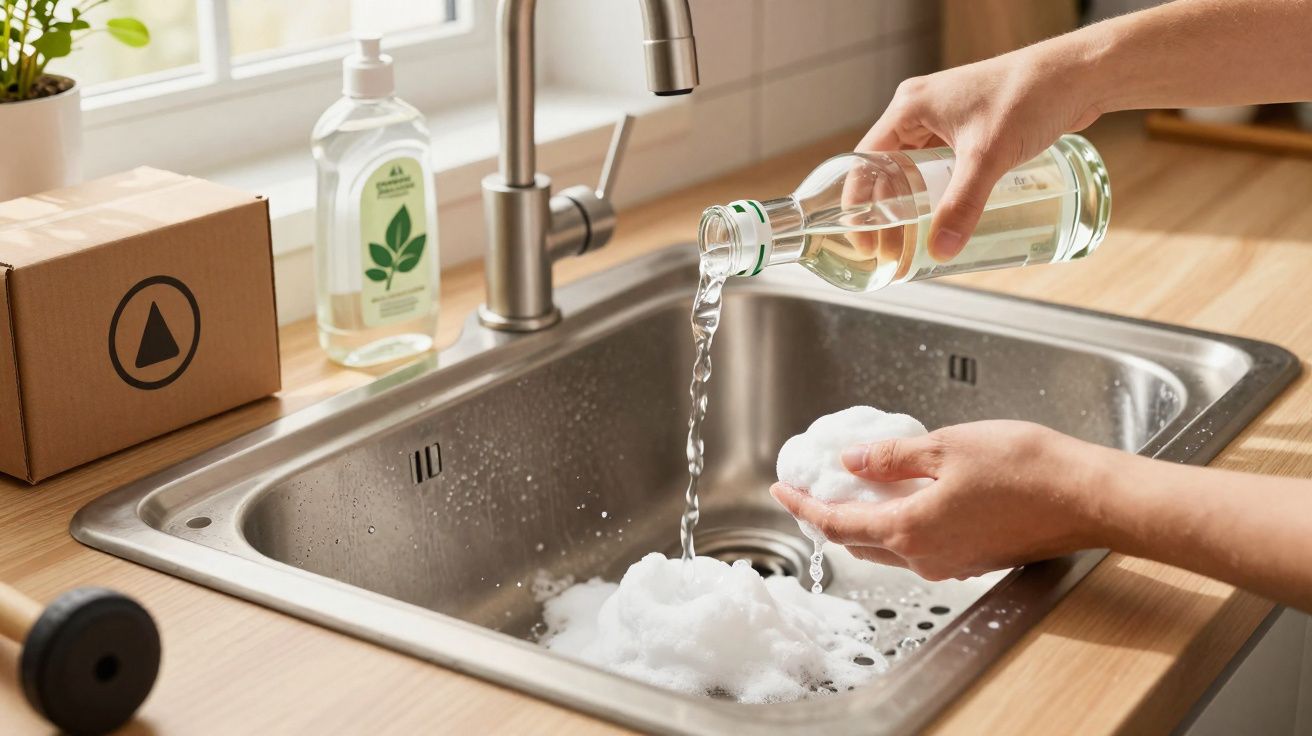 Mãos a verter líquido para espuma num lava-loiça metálico em cozinha iluminada por janela.