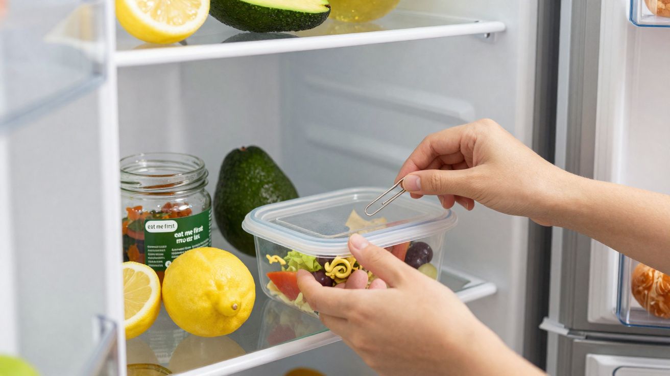 Mãos guardam salada num tupperware no frigorífico junto a limões e abacate.