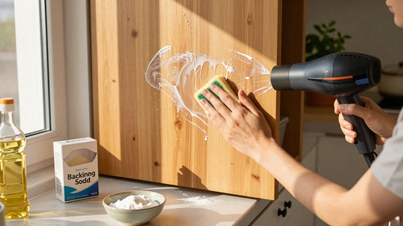 Pessoa a limpar tábua de madeira com esponja, secador de cabelo e bicarbonato de sódio numa cozinha iluminada.