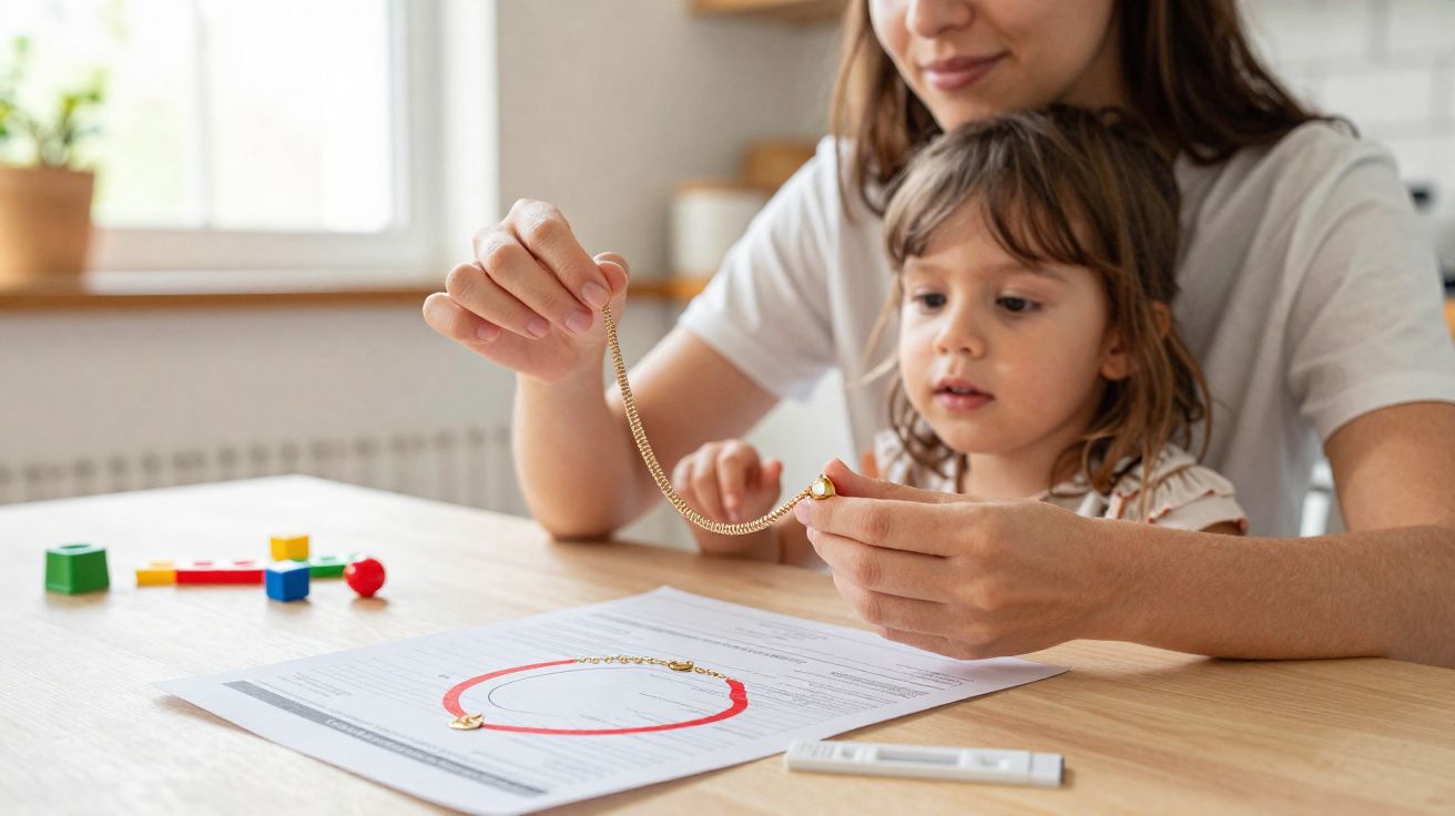 Mãe a ensinar filha pequena a usar um colar num ambiente doméstico com brinquedos e documentos na mesa.