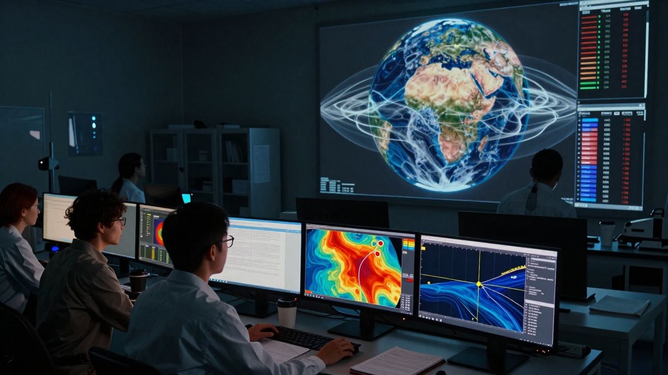 Sala de controlo com pessoas a analisar dados e projeção digital do planeta Terra com gráficos científicos.