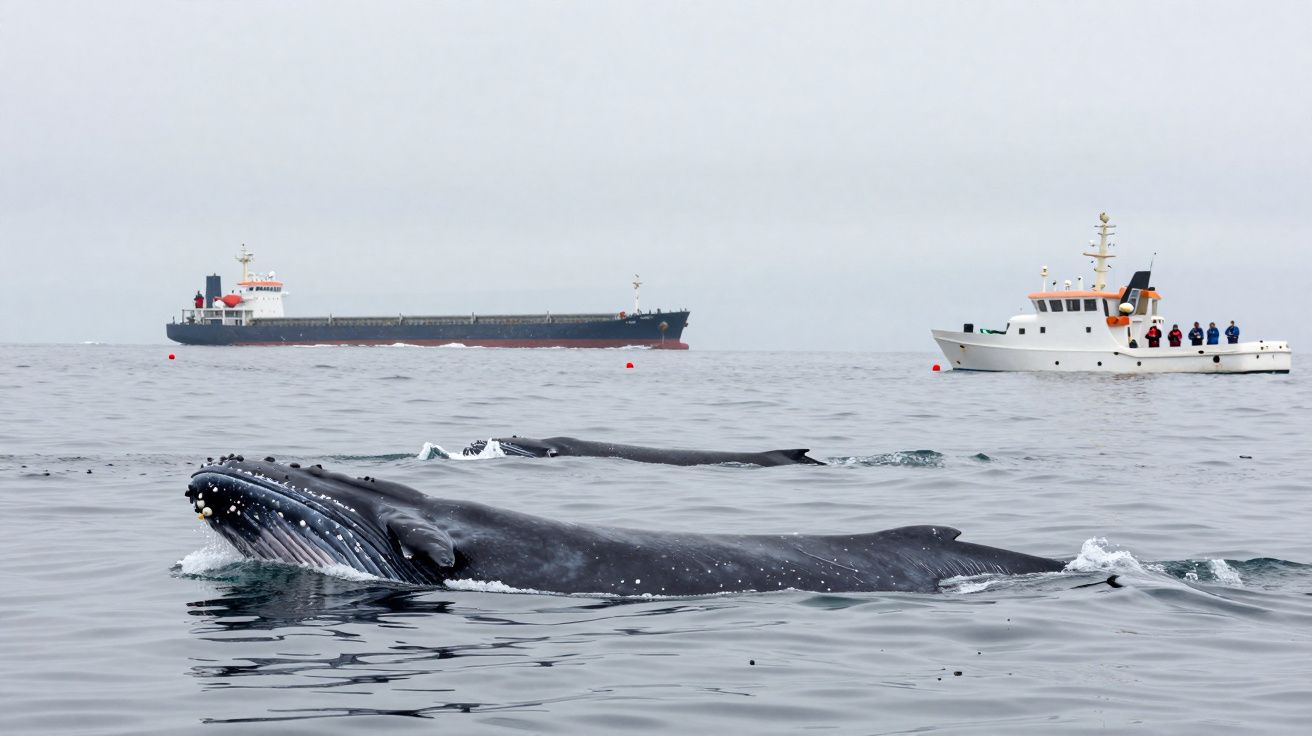 Baleia jubarte a emergir perto da superfície com dois barcos ao fundo em mar calmo e céu nublado.