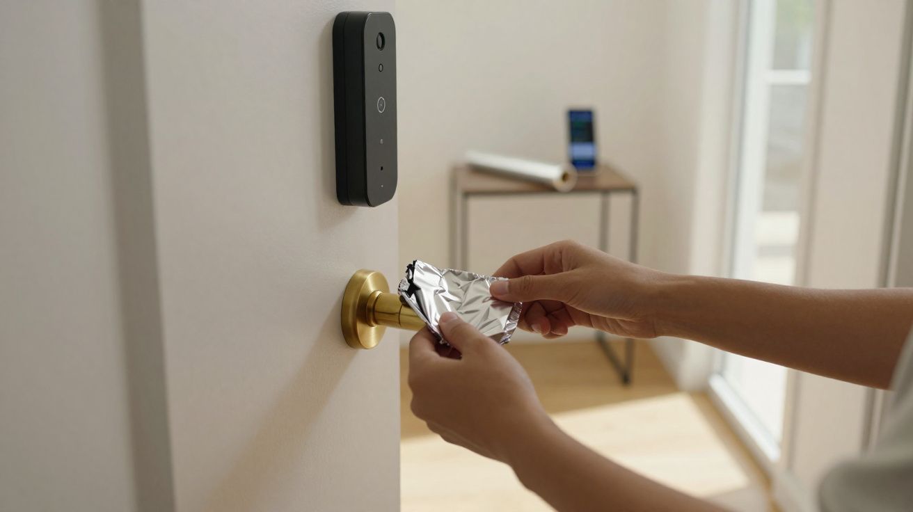 Pessoa a abrir porta com chave digital na fechadura e mãos a segurar cartão metálico.