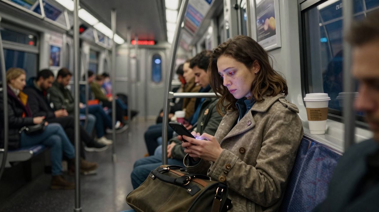Mulher com casaco bege sentada no metro a olhar para o telemóvel, rodeada de outros passageiros sentados.