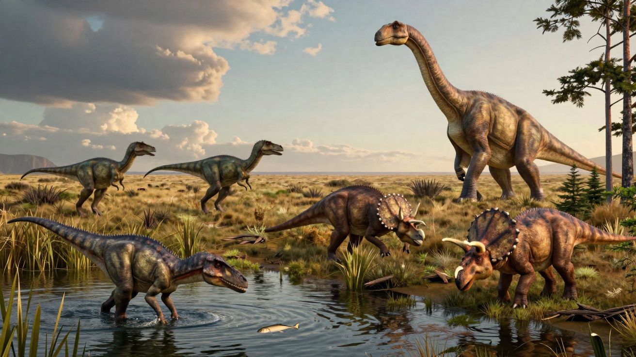 Vários dinossauros de diferentes espécies num cenário natural junto a um lago, com céu parcialmente nublado.