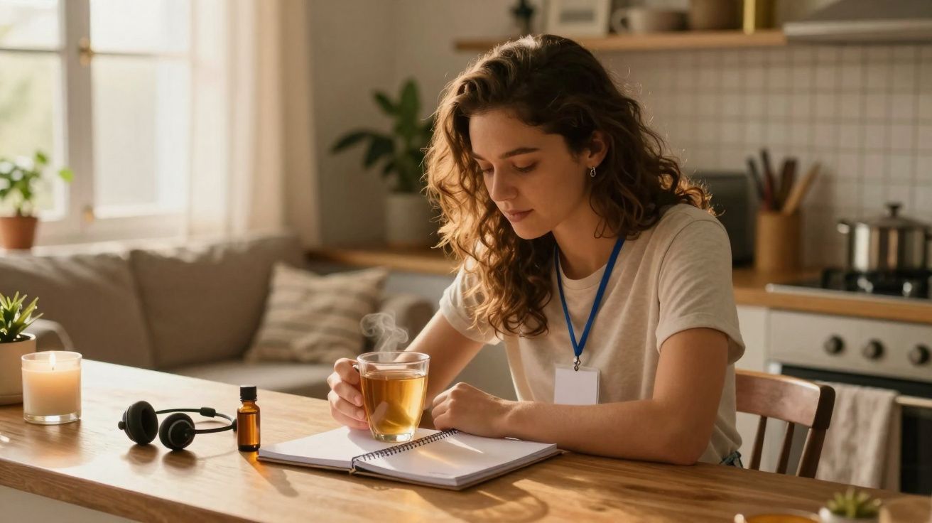 Mulher sentada à mesa a beber chá quente e a olhar para um caderno aberto numa cozinha acolhedora.