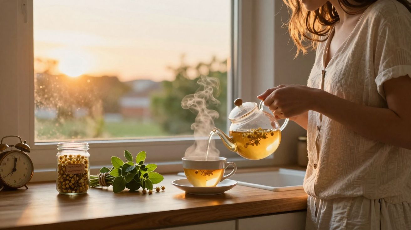 Pessoa a servir chá quente de ervas numa chávena junto a uma janela ao pôr do sol numa cozinha luminosa.