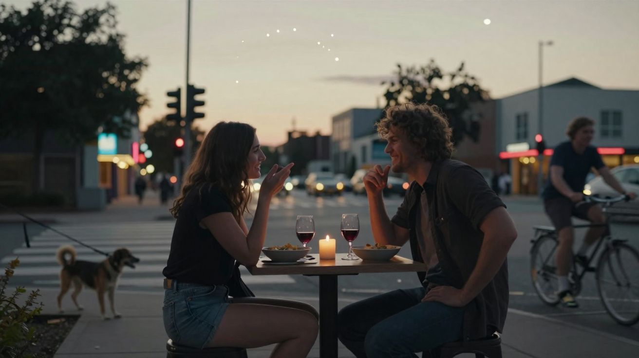 Casal jovem janta ao ar livre ao entardecer, com vinho e vela sobre a mesa numa rua movimentada.