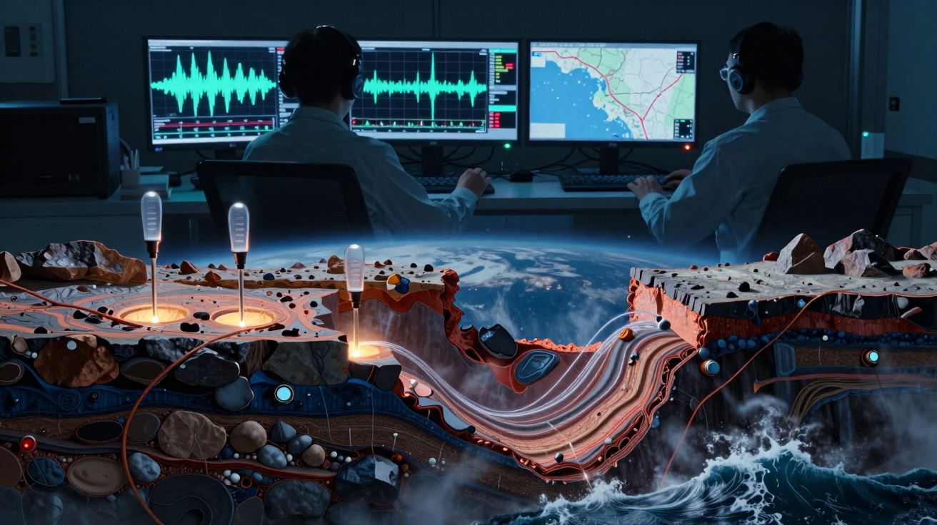 Cientistas monitorizam atividade sísmica em computadores, com representação gráfica do interior da Terra e ondas sísmicas.