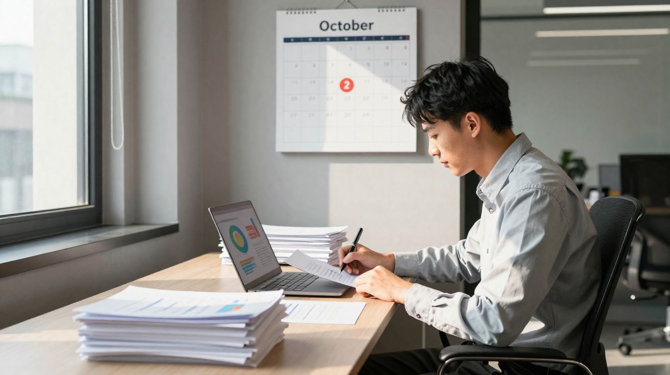 Homem a trabalhar num escritório com computador portátil e documentos, calendário com data 2 de outubro.