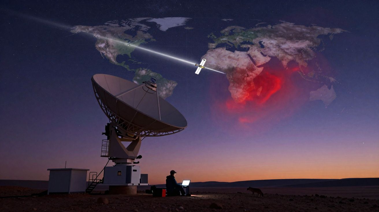 Antena parabólica com pessoa e laptop no deserto, satélite a enviar dados sobre mapa global com áreas em destaque.