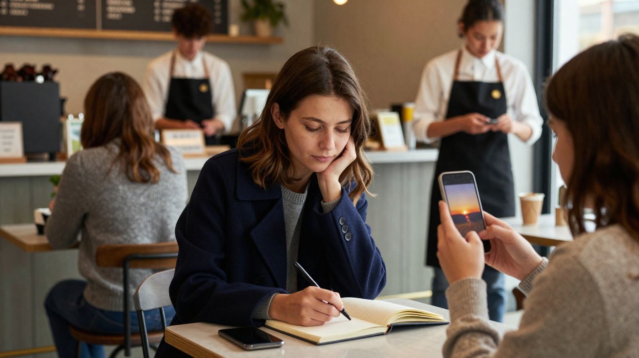 Mulher escreve num caderno sentada num café, enquanto outra segura telemóvel com imagem do pôr do sol.