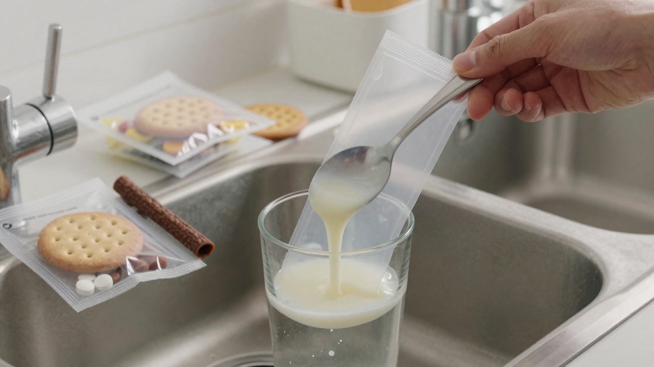 Mão a verter líquido branco de colher para copo sobre pia de cozinha com biscoitos e comprimidos ao fundo.