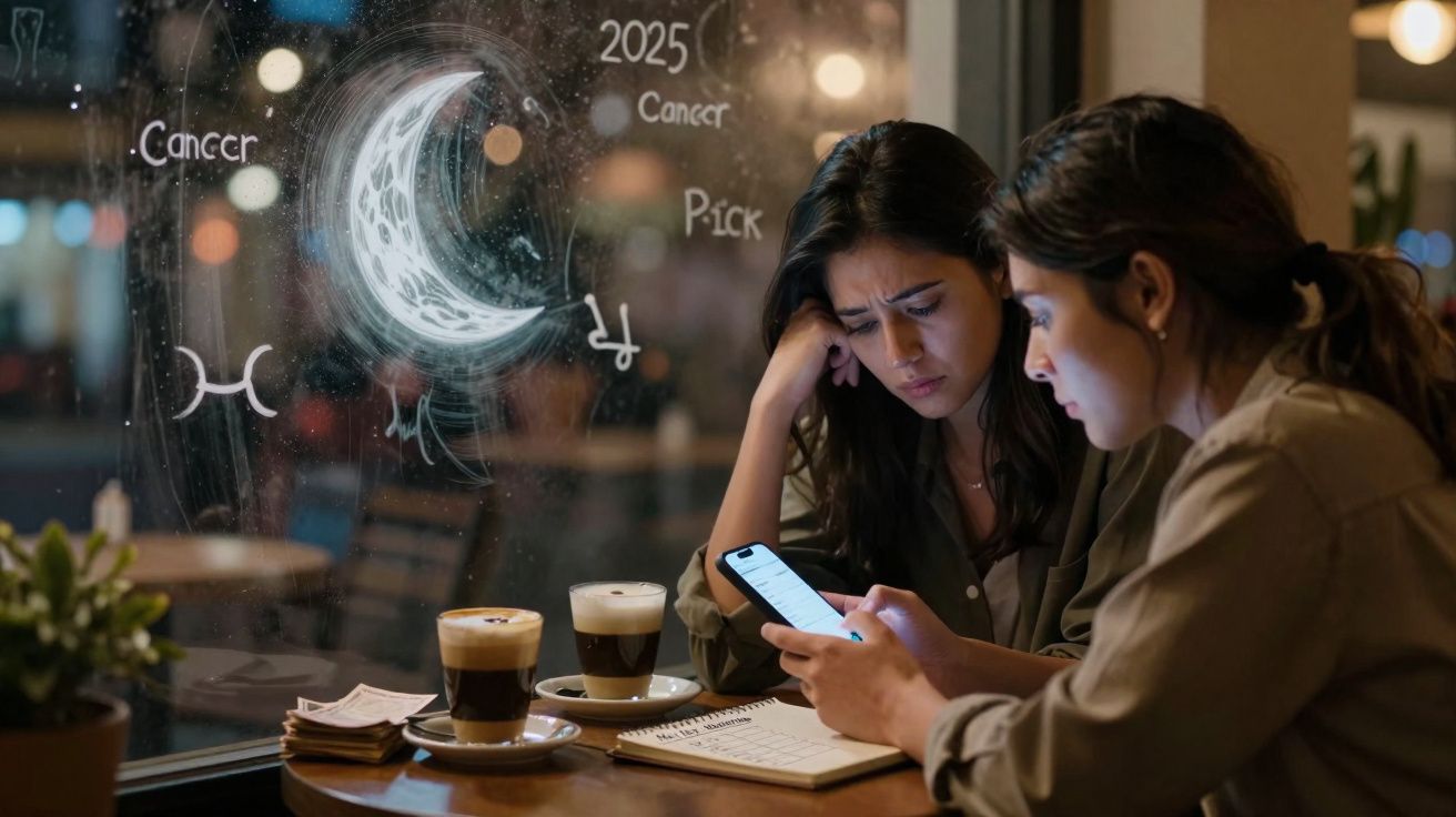 Duas mulheres numa esplanada à noite, uma olha preocupada para o telemóvel e a outra para um caderno, com desenhos de signos 