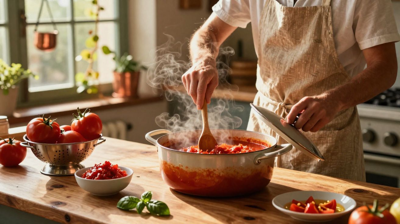 Pessoa a mexer molho de tomate fumegante numa panela numa cozinha iluminada a luz natural.