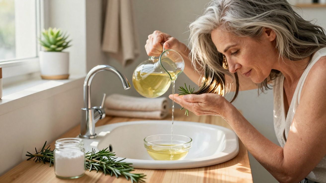 Mulher com cabelo grisalho a verter líquido amarelo de jarro para taça na cozinha com plantas e produtos naturais.