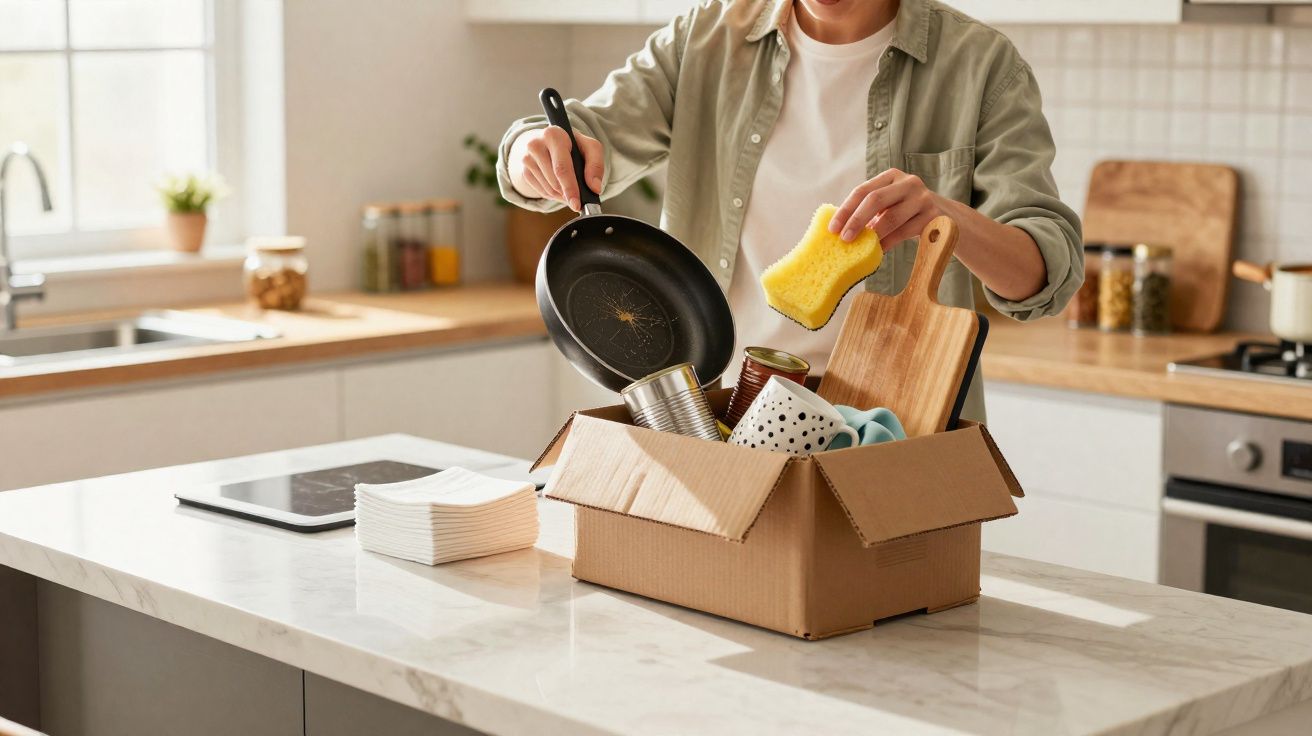 Pessoa a guardar utensílios de cozinha numa caixa de cartão numa bancada de mármore numa cozinha moderna.