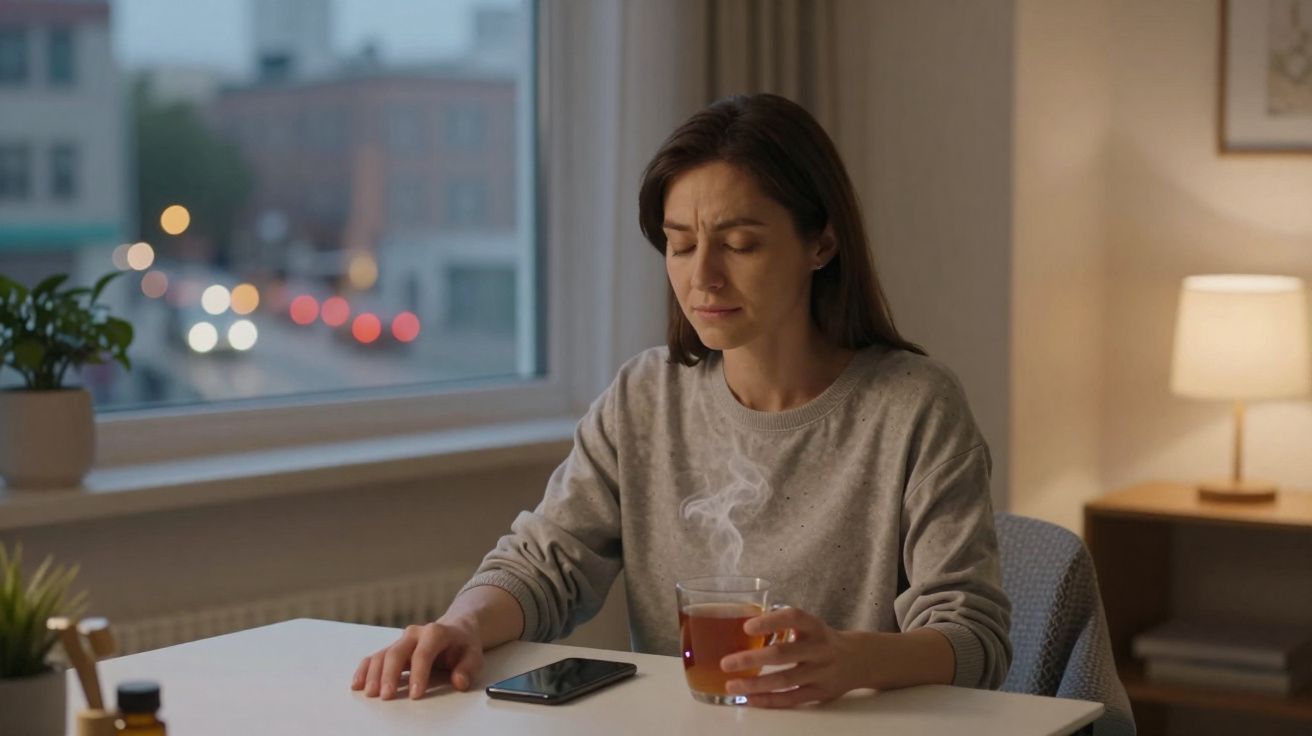 Mulher sentada à mesa com expressão cansada, segurando chá quente, smartphone ao lado e janela ao fundo.
