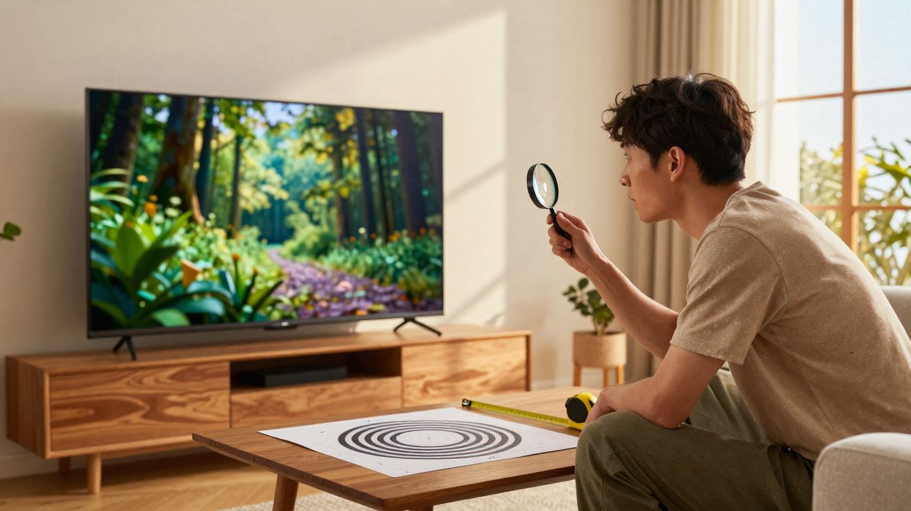 Homem sentado a observar uma televisão com uma lupa, numa sala iluminada e com mesa de centro em madeira.