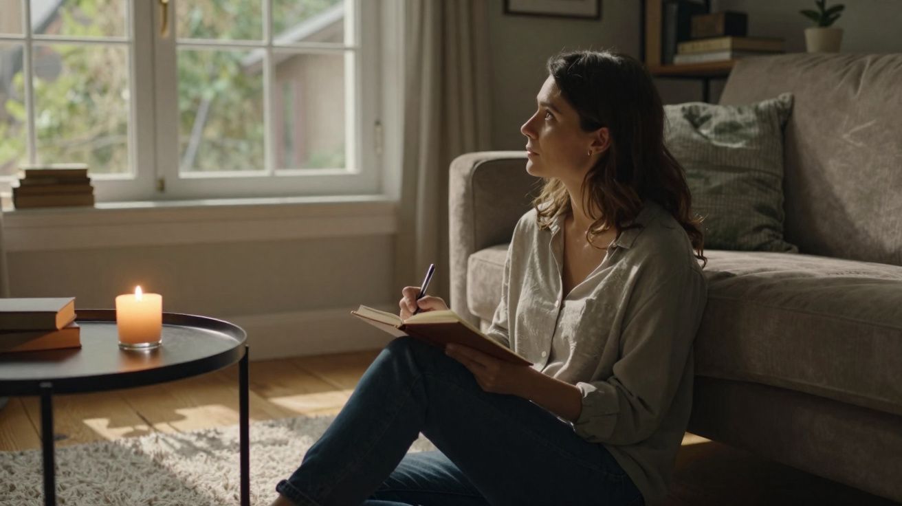 Mulher sentada no chão a escrever num caderno, perto de mesa com vela acesa e sofá numa sala iluminada.