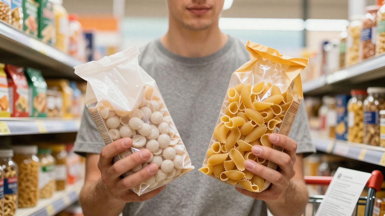 Pessoa a segurar dois pacotes de massas secas diferentes numa prateleira de supermercado.