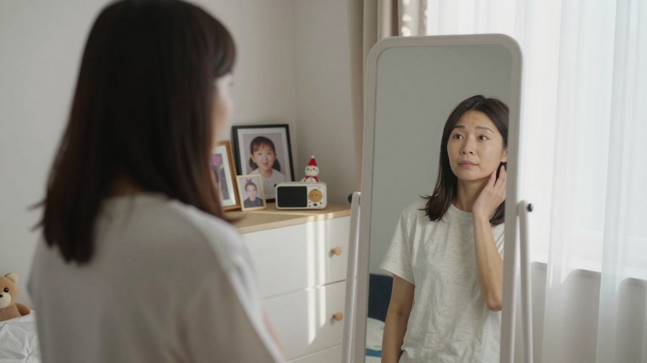 Mulher asiática de camiseta branca olha para o espelho num quarto iluminado pela luz natural da janela.