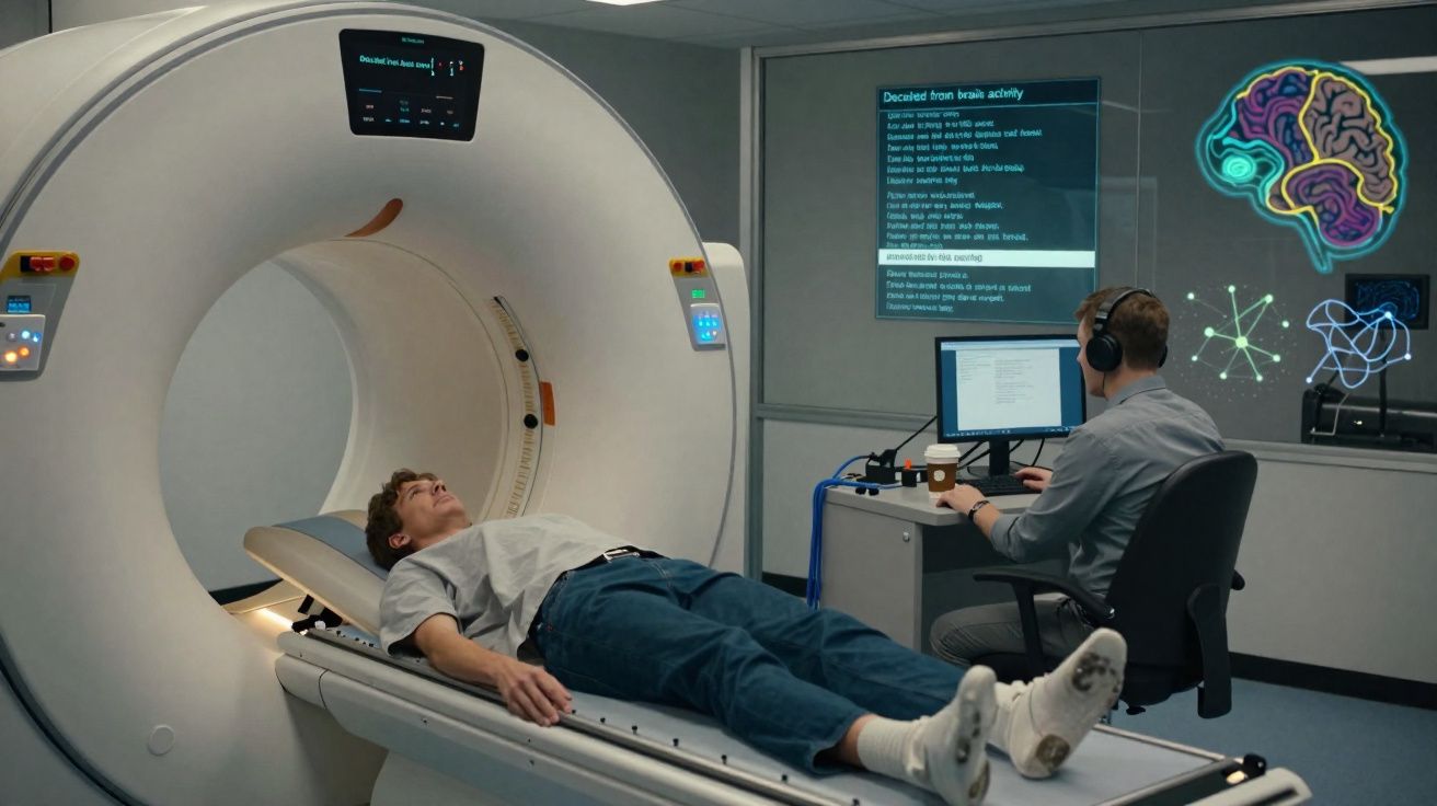 Homem deitado para exame numa máquina de ressonância magnética, técnico observa monitor com dados do cérebro.