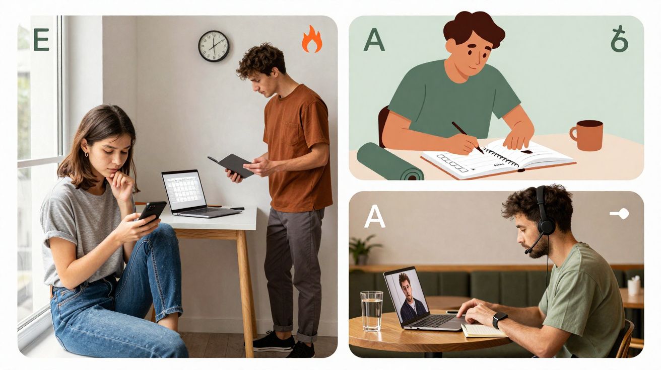 Mulher e homem a estudar, ilustrando diferentes ambientes e estilos de aprendizagem.