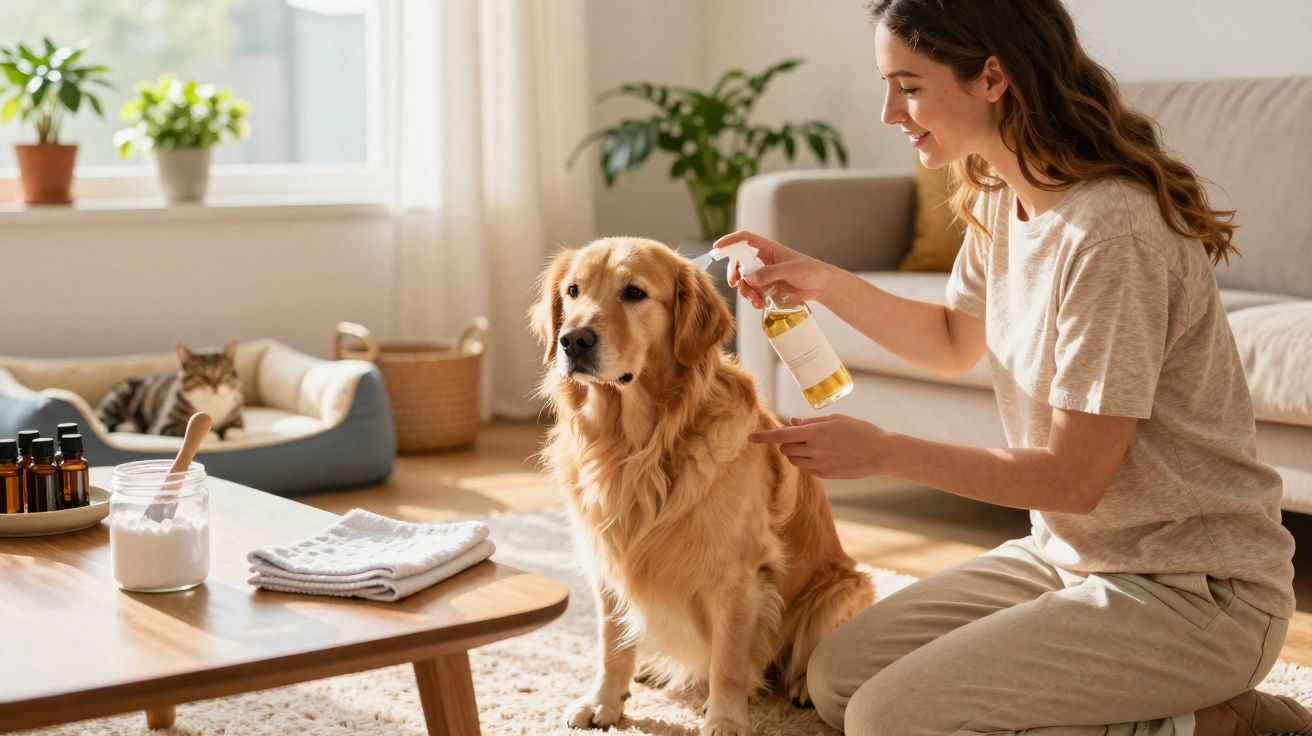 Mulher aplica spray num cão golden retriever dentro de casa, ambiente luminoso e acolhedor.