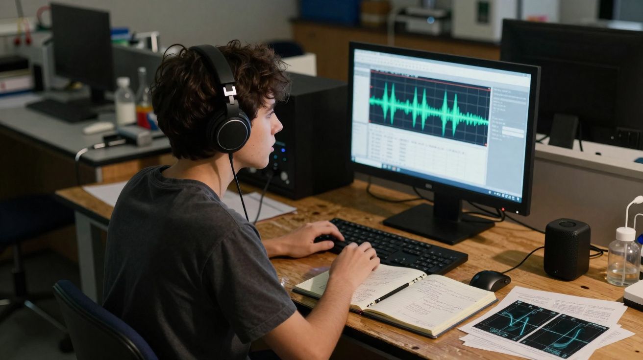 Jovem com auscultadores analisa gráfico de ondas sonoras num computador numa mesa com cadernos e papel.
