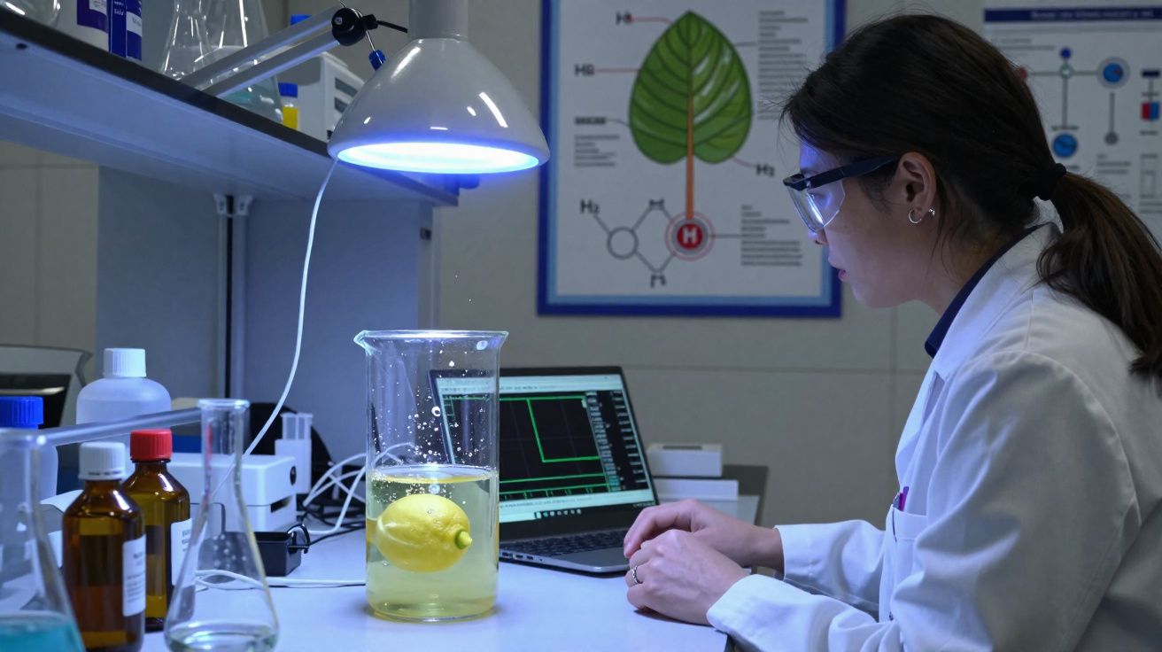 Mulher cientista em laboratório observa limão imerso em líquido dentro de um béquer transparente.