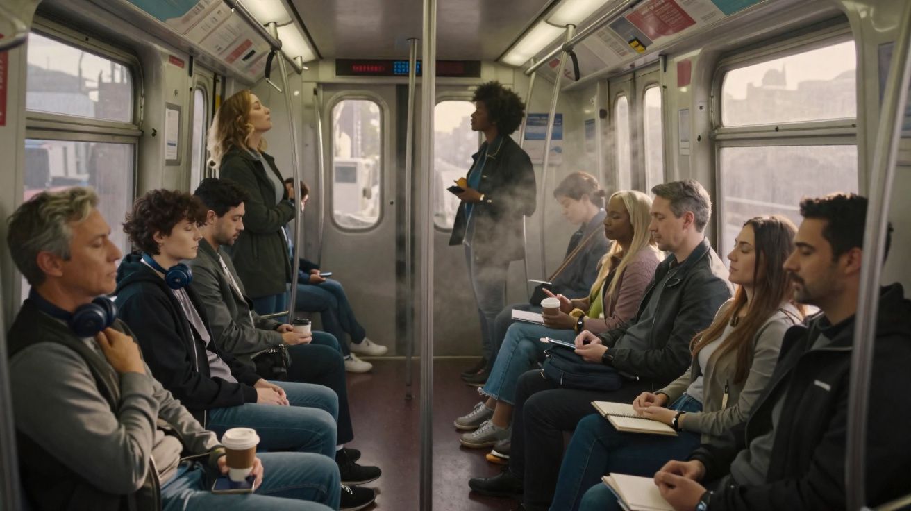 Passageiros sentados e em pé a bordo de um comboio urbano com janelas grandes e ambiente tranquilo.