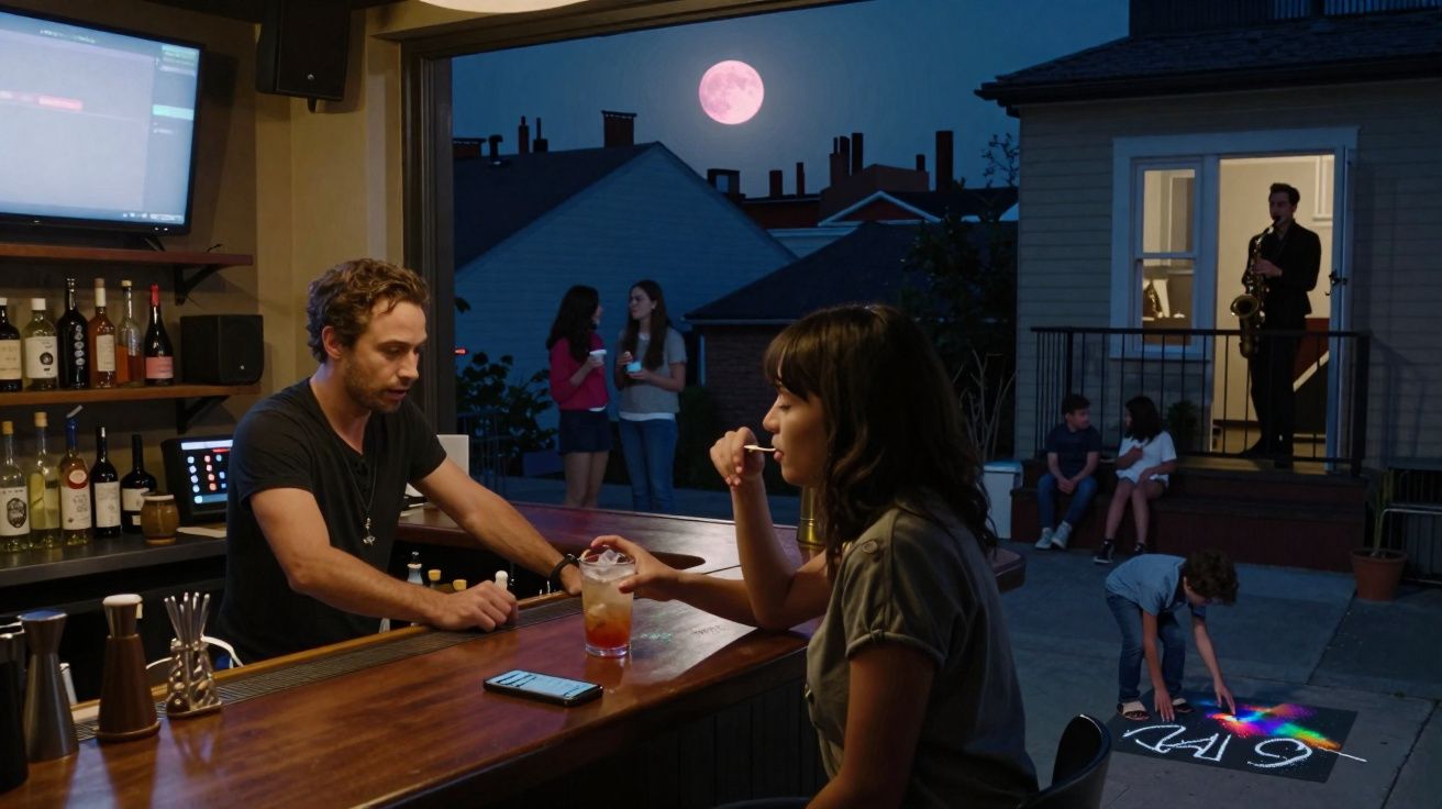 Homens e mulheres socializam numa esplanada ao anoitecer com lua cheia e música ao saxofone.