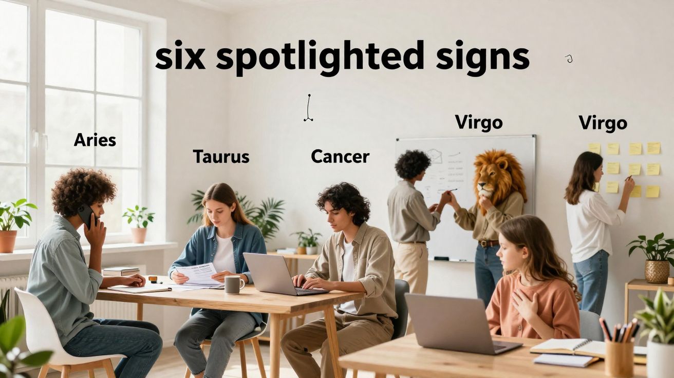 Grupo de seis pessoas numa sala de escritório, algumas a trabalhar com laptops e outras a escrever em quadro e post-its.