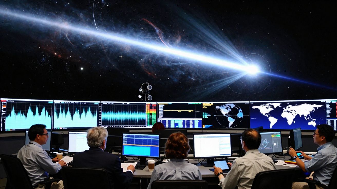 Cinco cientistas observam dados e imagens de um fenómeno cósmico brilhante num grande ecrã.